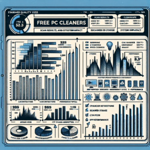 Comparative dashboard displaying 2025 free PC cleaner tools with bar and line charts comparing scan detections, reclaimed storage, CPU and memory impact, and overall scores.