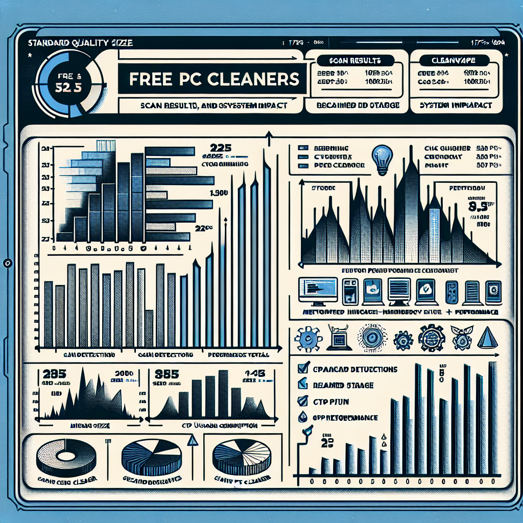 Comparative dashboard displaying 2025 free PC cleaner tools with bar and line charts comparing scan detections, reclaimed storage, CPU and memory impact, and overall scores.