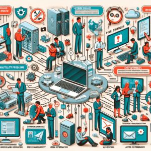 Een gedetailleerde infographic die de vijf meest voorkomende computerproblemen illustreert, inclusief kwesties zoals softwarecrashes, hardwarestoringen, verbindingsproblemen, trage prestaties en virusinfecties, vergezeld van visuele weergaven en beknopte uitleg voor elk probleem.