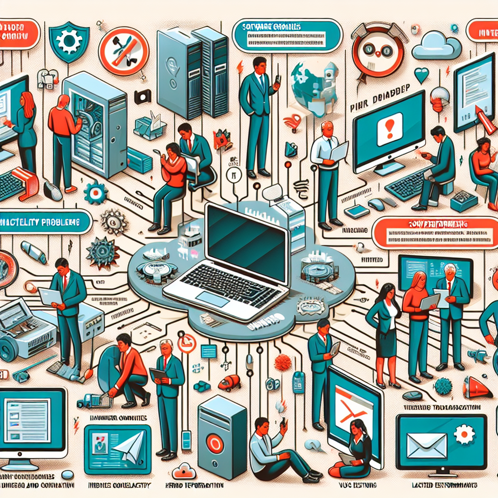 Een gedetailleerde infographic die de vijf meest voorkomende computerproblemen illustreert, inclusief kwesties zoals softwarecrashes, hardwarestoringen, verbindingsproblemen, trage prestaties en virusinfecties, vergezeld van visuele weergaven en beknopte uitleg voor elk probleem.